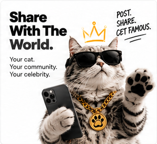 Share With The World. A crowned cat holding a phone and waving.
